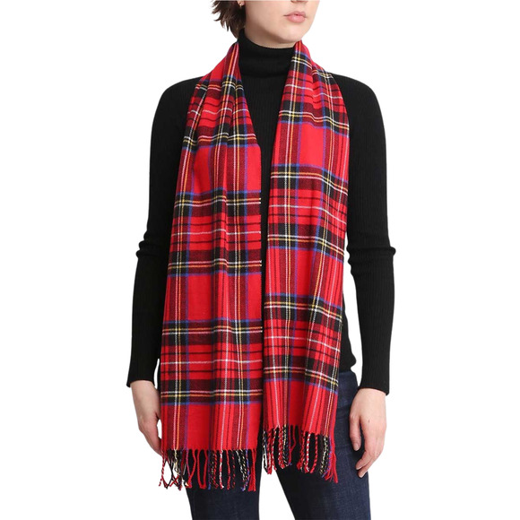 Janice Apparel Women's Faux Cashmere Scarf Red Plaid Tartan Fringe NEW - Picture 1 of 5